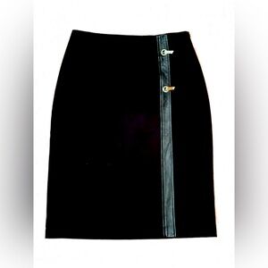 Alfani Black Asymmetrical Pencil Skirt Leather Trim Side Zip Silver Latch Size 6